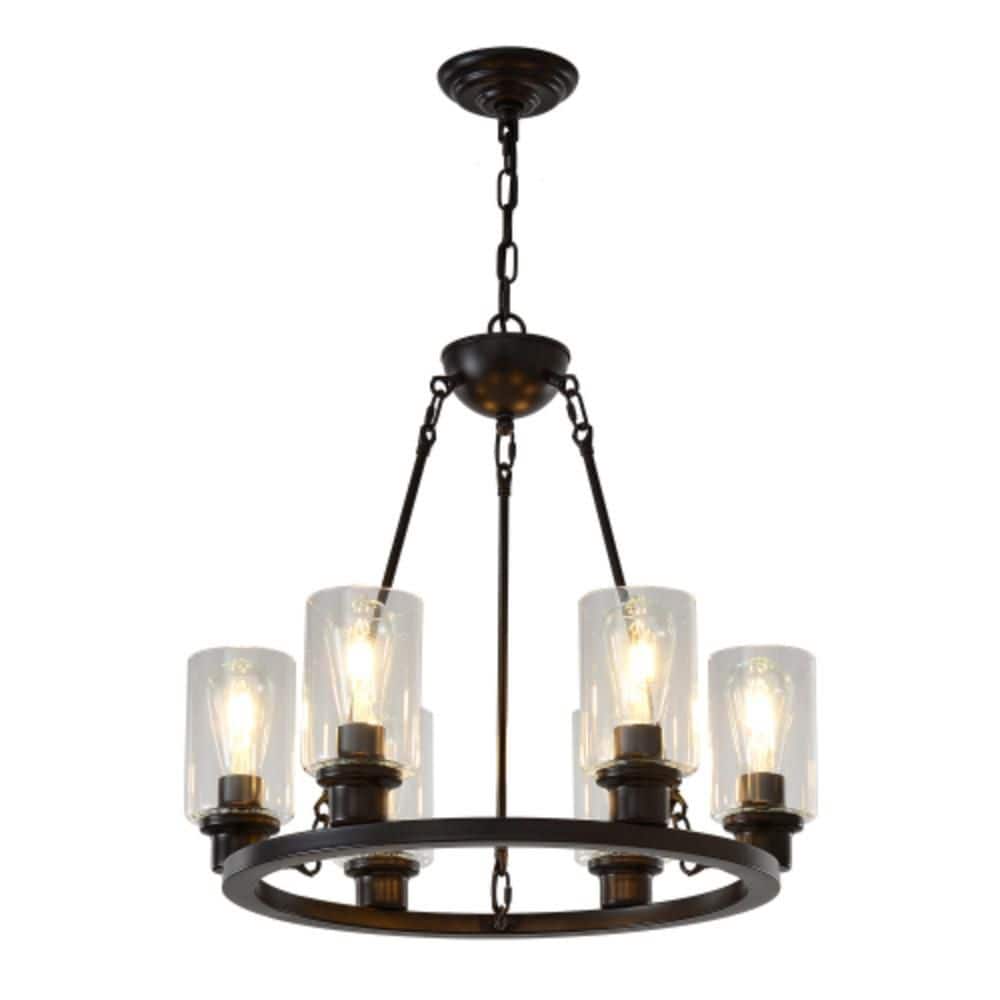 24 in. 6-Light Coffee Brown Modern Farmhouse Wagon Wheel Chandelier with Height Adjustable for Kitchen Island price history on PriceWatchPro