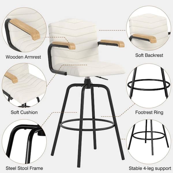 Barstools with Backs and Arms Set of 2, White Style 2 Counter Height Barstool Set with Tufted Upholstery, Footrest Ring