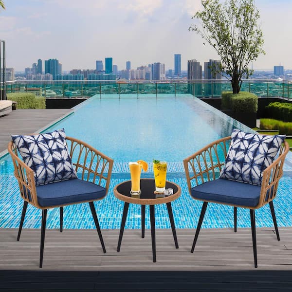 Tatayosi 3-Piece Metal Frame Outdoor Bistro Set Patio Conversation Set with Blue Cushions and Lumbar Pillows Glass Top Side Table