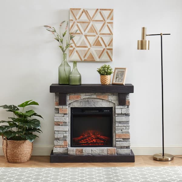 EDYO LIVING 36 in. Gray Freestanding Faux Stone Infrared Electric Fireplace with Mantel