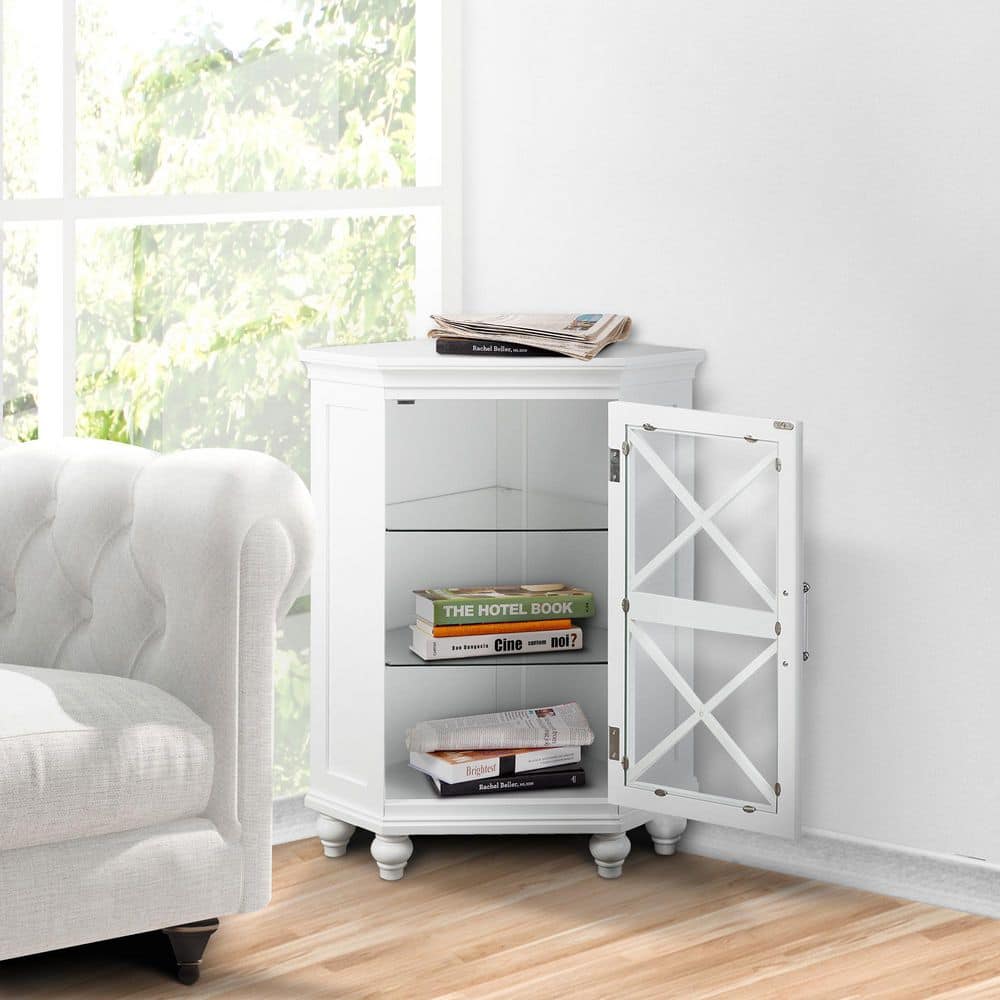Classic White Corner Cabinet with Blue Accents and Adjustable Shelves