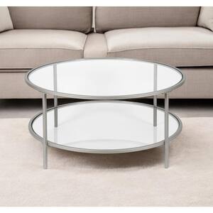 36 in. Silver Round Glass Coffee Table with Shelves Storage