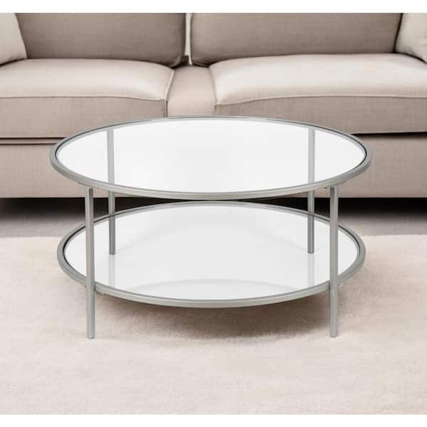 HomeRoots 36 in. Silver Round Glass Coffee Table with Shelves Storage