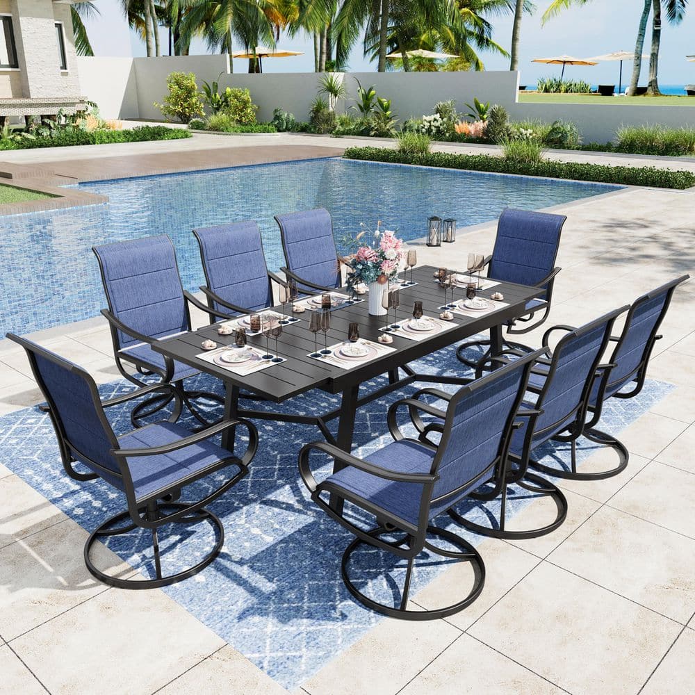 PHI VILLA Black 9-Piece Metal Outdoor Patio Dining Set with