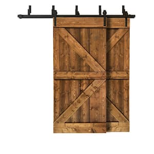 76 in. x 84 in. K Series Bypass Walnut Stained Solid Pine Wood Interior Double Sliding Barn Door with Hardware Kit