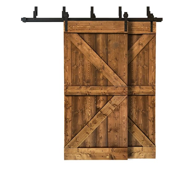CALHOME 84 in. x 84 in. K Series Bypass Walnut Stained Solid Pine Wood Interior Double Sliding Barn Door with Hardware Kit