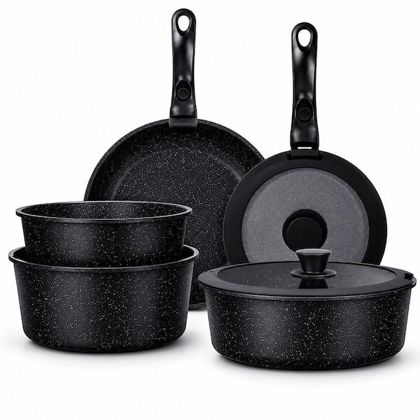 9-Piece Aluminum Nonstick Cookware Set with Detachable Handle, Induction Compatible, Stackable, Black