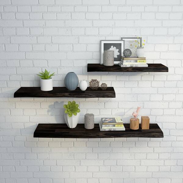 Interbuild Solid 3.9 ft. L x 10 in. D x 1.5 in. T, Acacia Butcher Block Floating Wall Shelf, Espresso with Live Edge