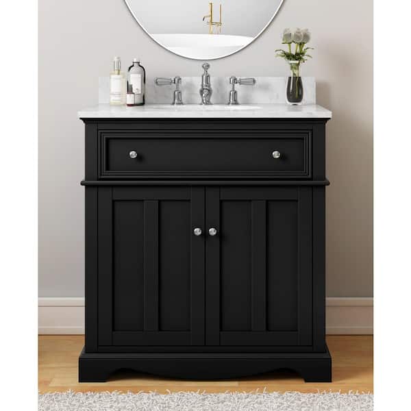 Home Decorators Collection Fremont 32 in W x 22 in D x 34 in H Single Sink Bath Vanity in Black With Engineered White Marble Top