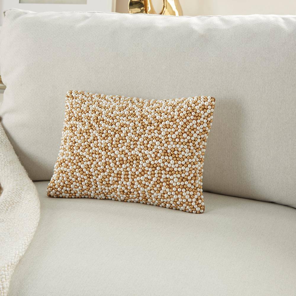 Ivory and Gold Beaded Lumbar Throw Pillow 10" x 14"