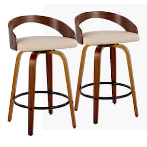 Grotto 25.25 in. Cream Faux Leather, Walnut Wood, and Black Metal Fixed-Height Counter Stool (Set of 2)