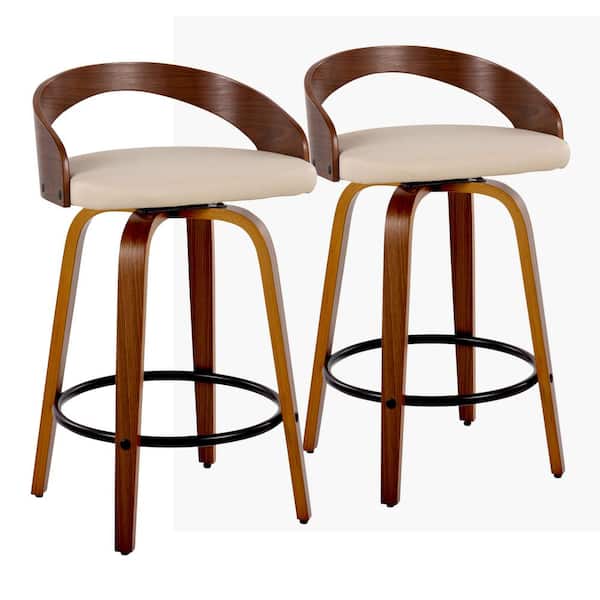 Lumisource Grotto 25.25 in. Cream Faux Leather, Walnut Wood, and Black Metal Fixed-Height Counter Stool (Set of 2)