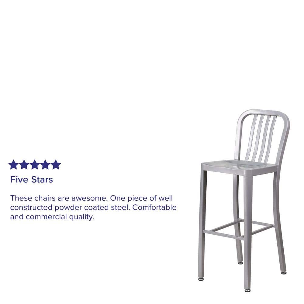 Silver Metal 30" High Indoor-Outdoor Barstool with Slat Back