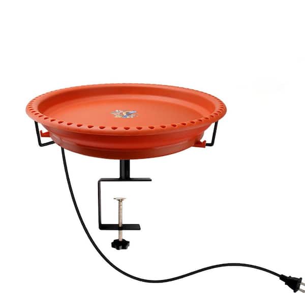13.3 in. Dia Heated Bird Baths for Outdoors, Plastic Bird Bath for Deck Railing-Terracotta