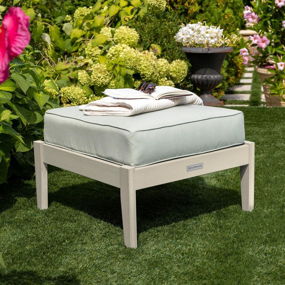 Lehigh Whitewash Recycled Plastic Outdoor Deep Seating Ottoman with Canvas Seasalt Cushion