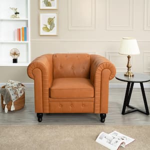 Caramel Chesterfield Single Sofa Chair for Living Room,Mid Century Chair W/ Rolled Arms,Tufted Cushion, Solid Wooden Leg