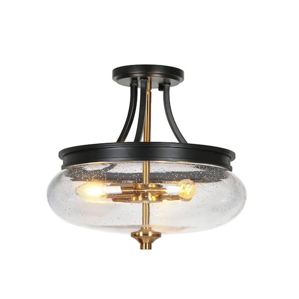 Transitional 14.2 in. Black and Gold Semi-Flush Mount Light, 3-Light Ceiling Light with Bowl Seeded Glass for Foyer