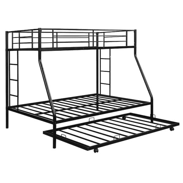 aisword Black Twin over Full Bed with Sturdy Steel Frame, Bunk Bed with Twin Size Trundle, Two-Side Ladders