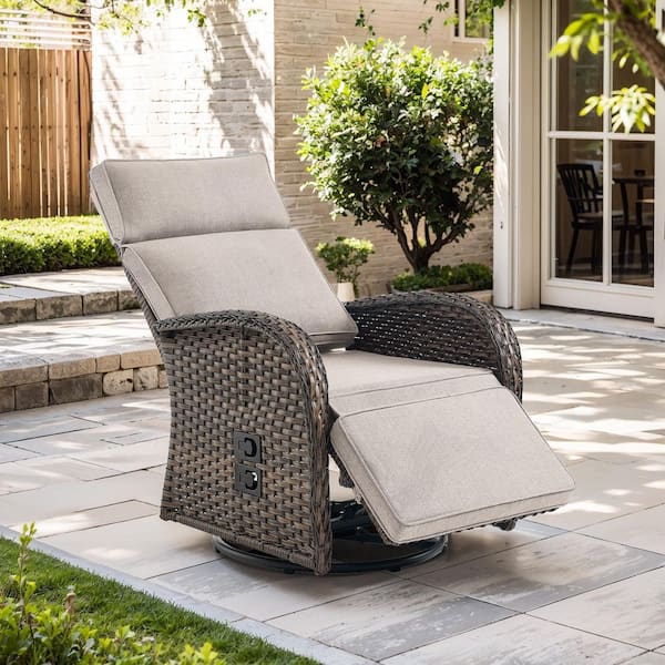 Comfort Series Brown Wicker Outdoor Versatile Pneumatic Swivel Lounge Chair for Patio with CushionGuard Beige Cushions