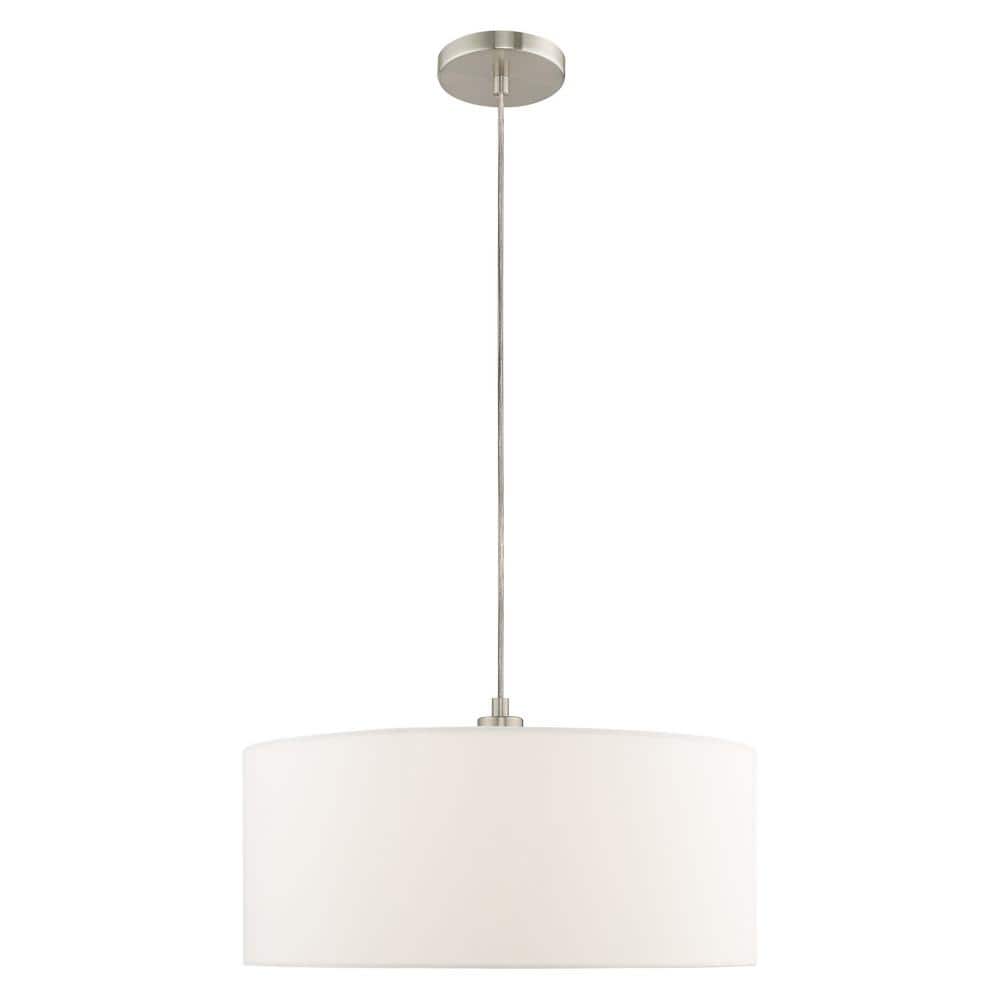 Brushed Nickel Drum Pendant with Off-White Fabric Shade