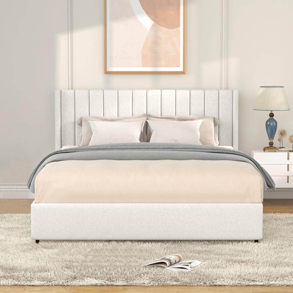 Ivory Boucle Upholstered Queen Platform Bed with Metal Frame and 4 Storage Drawers