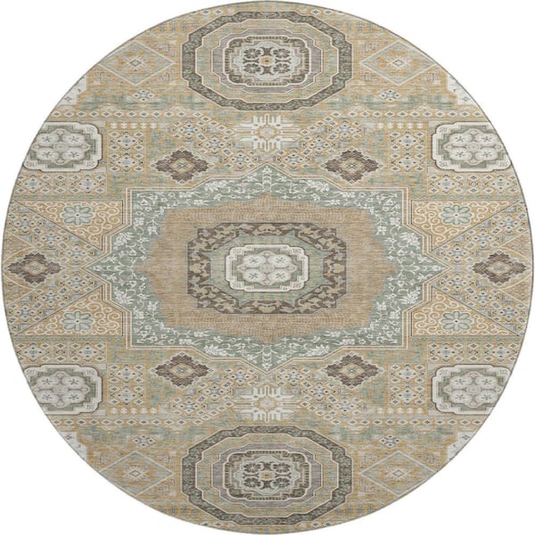 Mayfield Premium Machine Washable Abstract AMF2525 Gold 8 ft. x 8 ft. Round Rug