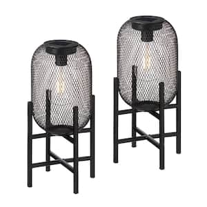 14.25 in. H Set of 2 Metal Mesh Black Solar Powered Outdoor Lantern with Stand