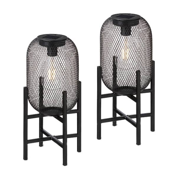Glitzhome 14.25 in. H Set of 2 Metal Mesh Black Solar Powered Outdoor Lantern with Stand