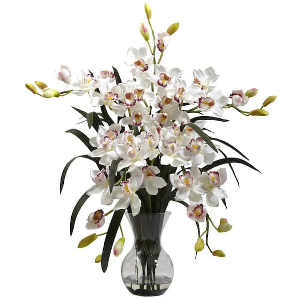 Nearly Natural Large Cymbidium with Vase Arrangement in White