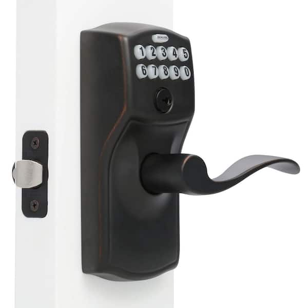 Schlage Camelot Series Aged Bronze Keypad Entry Door Lever with Accent Interior Built-In Alarm