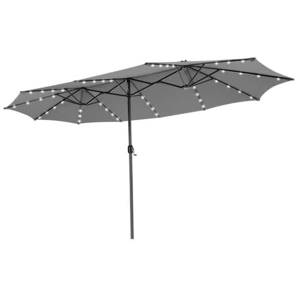 15 ft. Twin Patio Umbrella in Gray with 48 Solar LED Lights