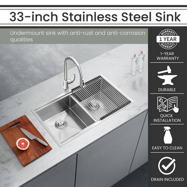 Hanover Stainless Steel 33 in. Double Bowl Undermount Kitchen Sink 