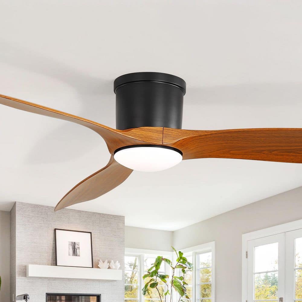 52 in. Indoor/Outdoor Standard Black Flush Mount Brown Blade Ceiling Fan with Dimmable LED Light and Remote Control price history on PriceWatchPro