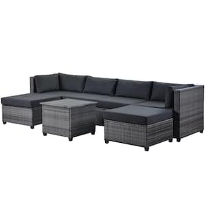 7-Piece Grey Rattan Sectional Seating Group with Grey Cushions