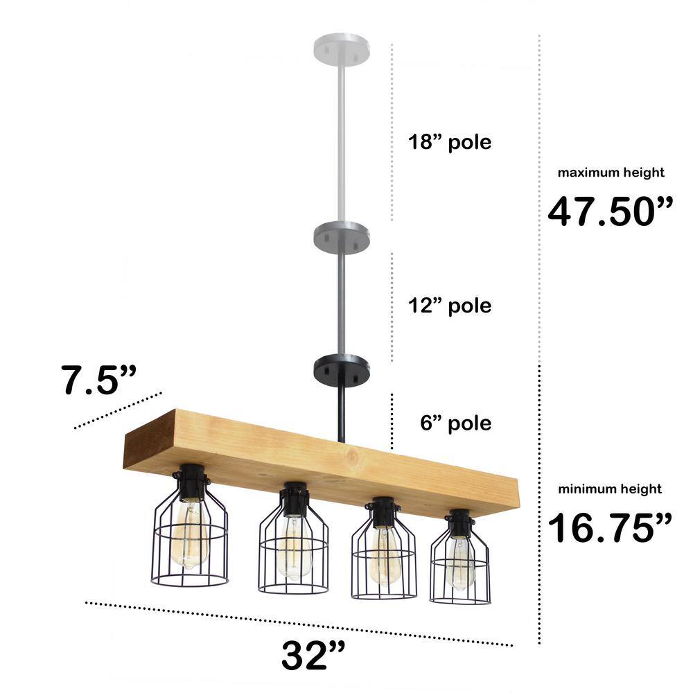 Rustic 4-Light Wooden Beam Farmhouse Pendant in Light Wood