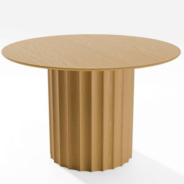 Cylindrical Natural Colored Wood 46" Column Base Recessed Roumded Under Beveled Cut Edge Dining Table for 4