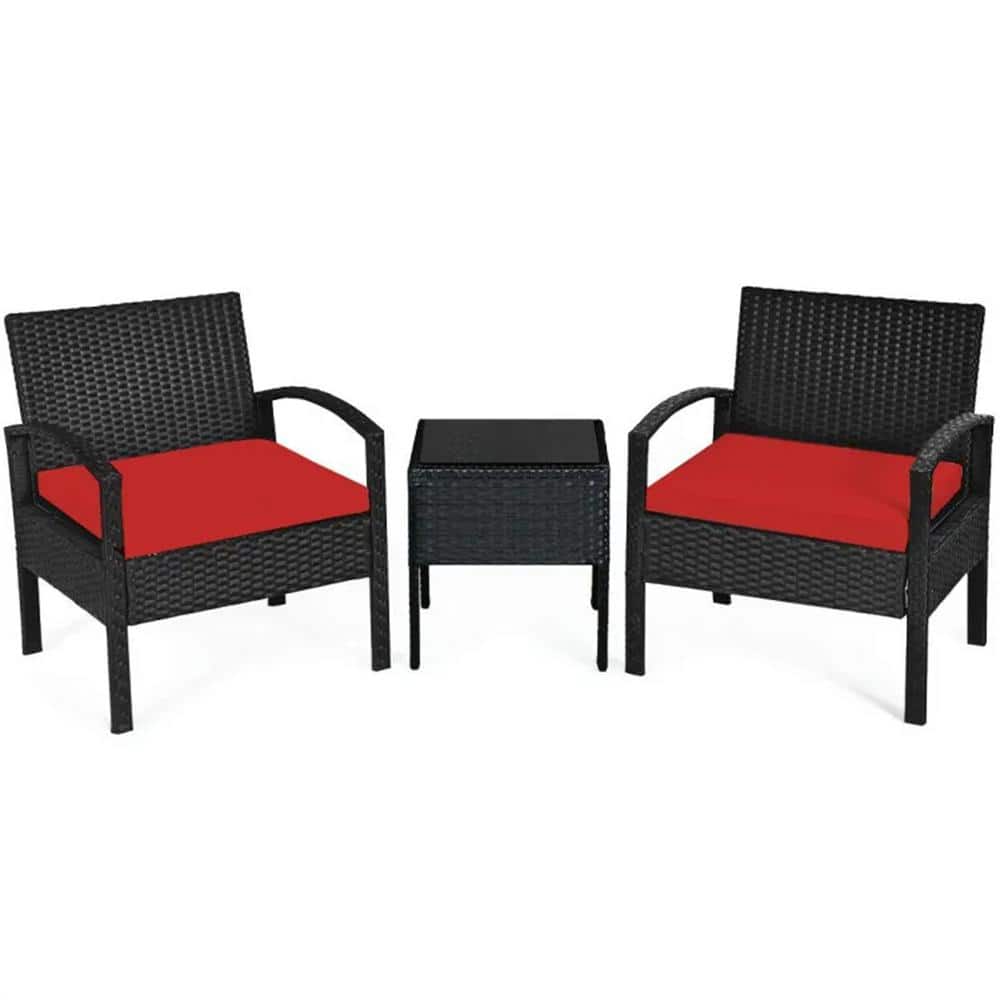 Red 3-Piece Wicker Outdoor Lounge Chair without Sunshade with Red Cushion