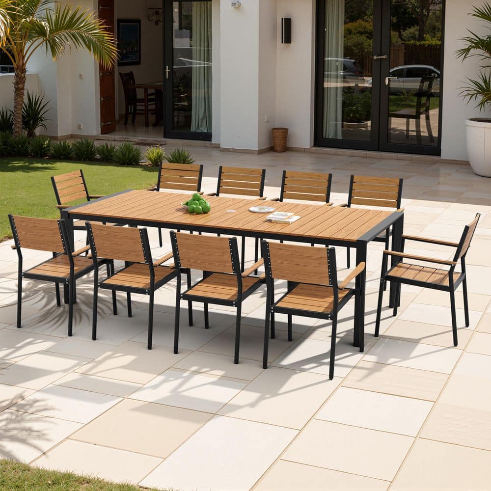 11-PCS Aluminum Frame Outdoor Patio Dining Set Rectangular Table with Adjustable Umbrella Hole in Brown For Backyard