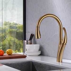Single Handle Wall Mount Pull Down Sprayer Kitchen Faucet in Brushed Gold