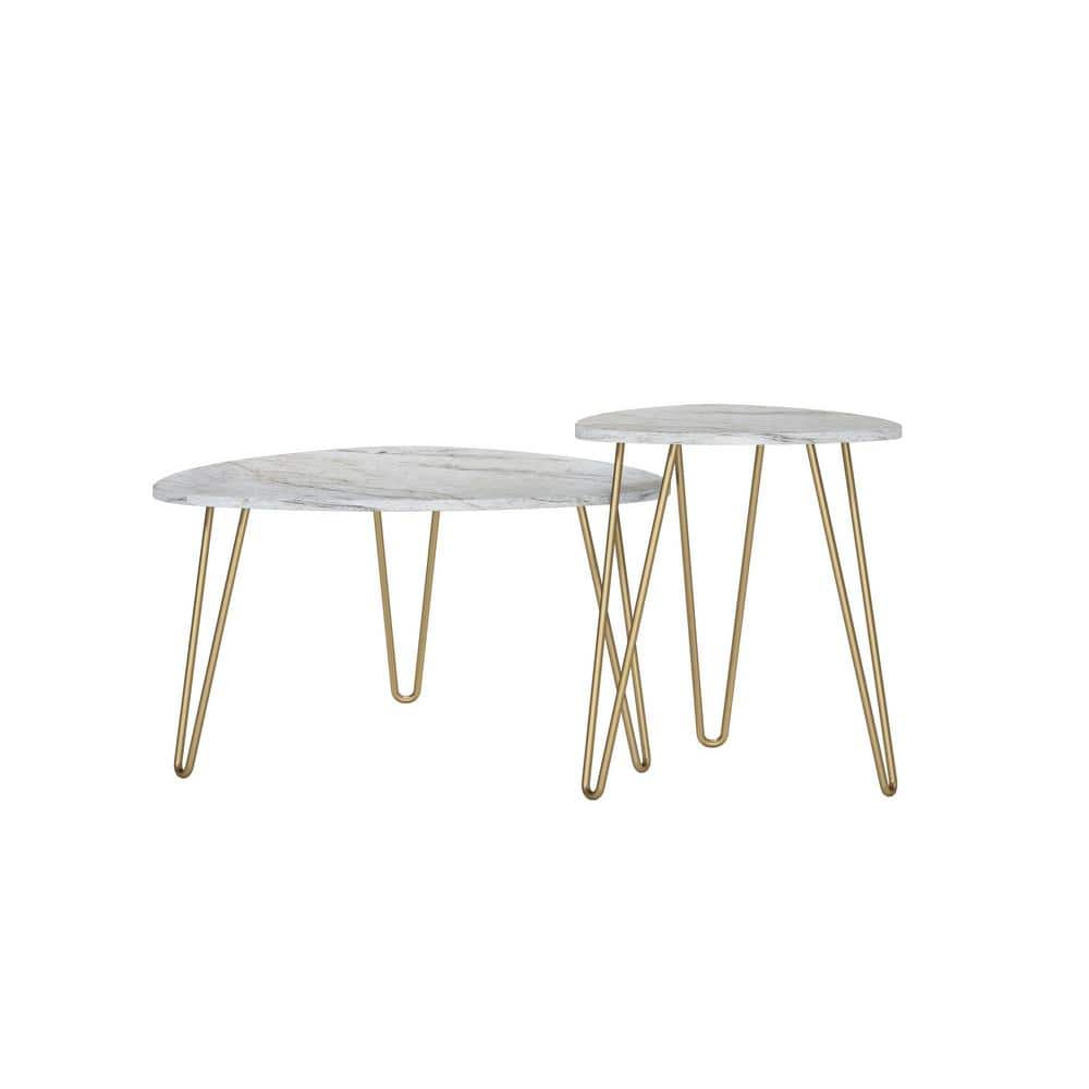 Athena White Marble and Gold Metal Hairpin Nesting Tables