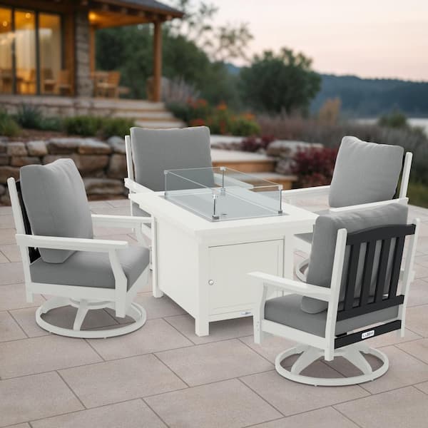 LuXeo Cortina 25 in. H x 45 in. W White 5-Piece Plastic Patio Fire Pit, 2 Tone Swivel Deep Seating Set with Gray Cushions