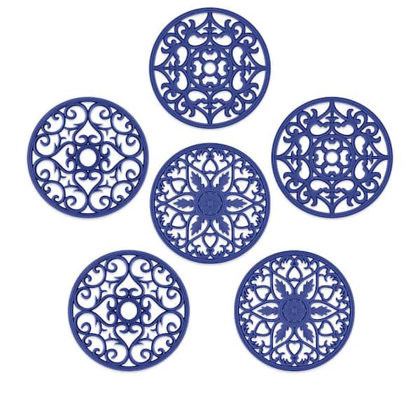 6 Set Silicone Trivets, Multi-Use Carved Trivet, Insulated Non-Slip Durable Kitchen Mats, Blue
