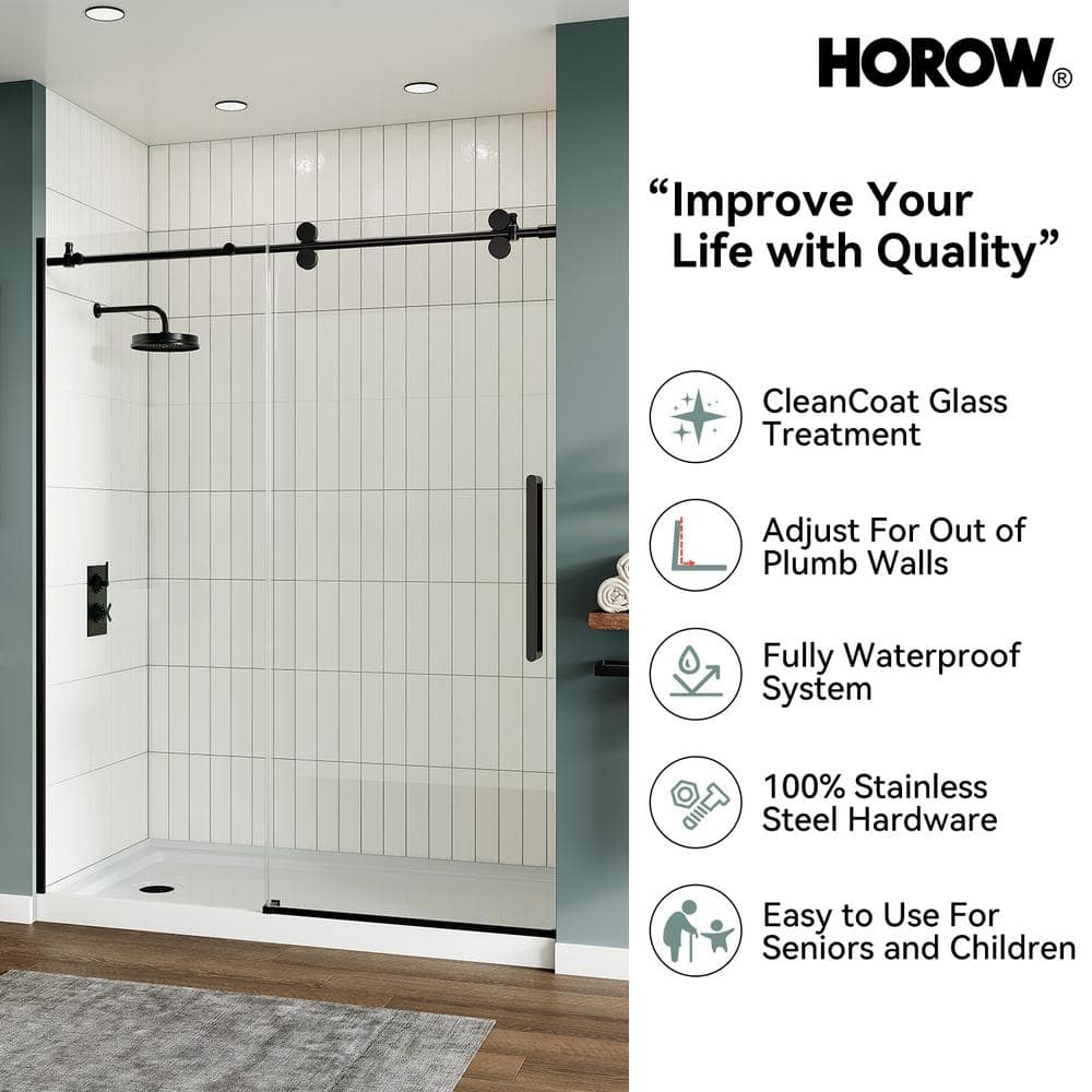 60" Matte Black Frameless Sliding Shower Door with Clear Glass