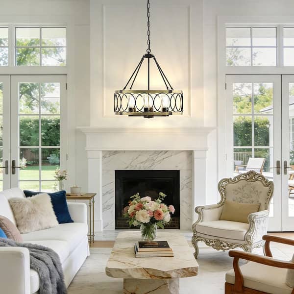 6-Light Black and Gold Drum Chandelier, Dimmable Dining Room Ceiling Light for Kitchen Island Foyer Entryway