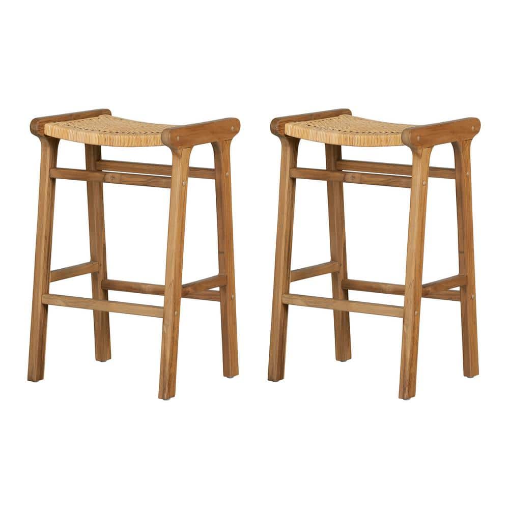 Rattan and Teak Wood Backless Bar Stools, Set of 2