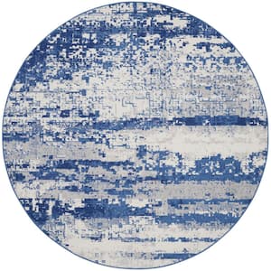 Whimsicle Ivory Navy 8 ft. x 8 ft. Abstract Contemporary Round Area Rug
