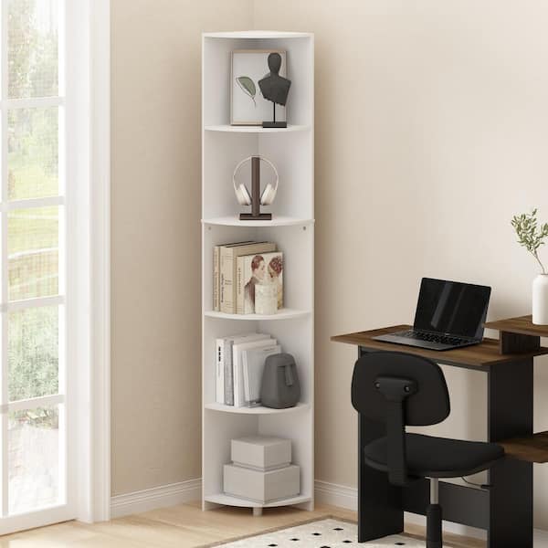 Econ 70.87 in. Tall White Wood 5-Shelf Corner Bookcase