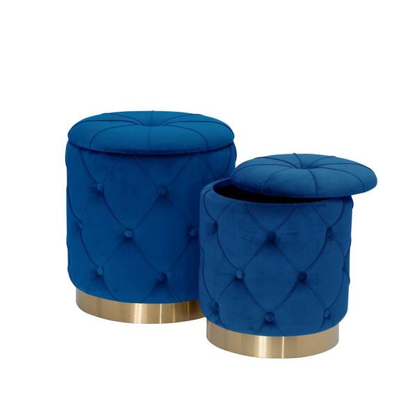 Best Quality Furniture Camil Navy Blue Velvet Upholstered Tufted Buttons Storage Ottoman (Set of 2)