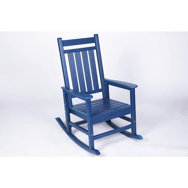 Oversized Navy Blue with Wood-Texture HDPE Outdoor Rocking Chair for Adults, All Weather Resistant