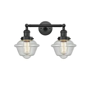 Oxford 17 in. 2-Light Matte Black Vanity Light with Seedy Glass Shade